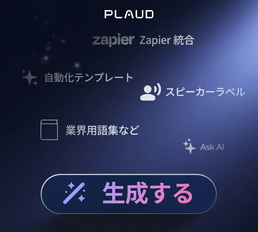PlaudのZapier統合、自動化テンプレート、スピーカーラベル、Ask AIなどの生成機能。