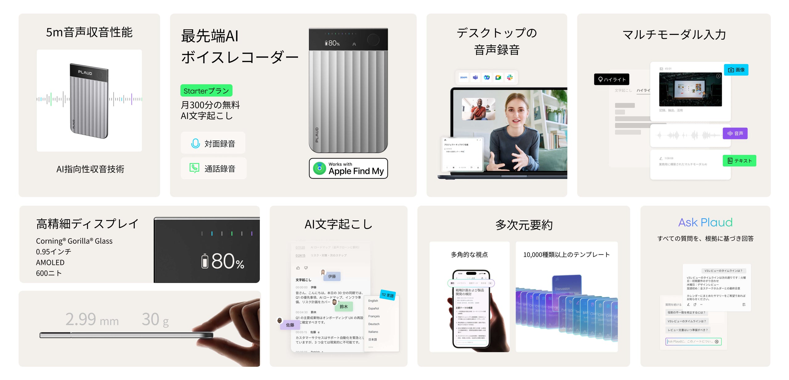 Plaud Note Proの主な機能。AI文字起こし、要約、高精細ディスプレイ、薄さ2.99mm、30gの軽量設計。