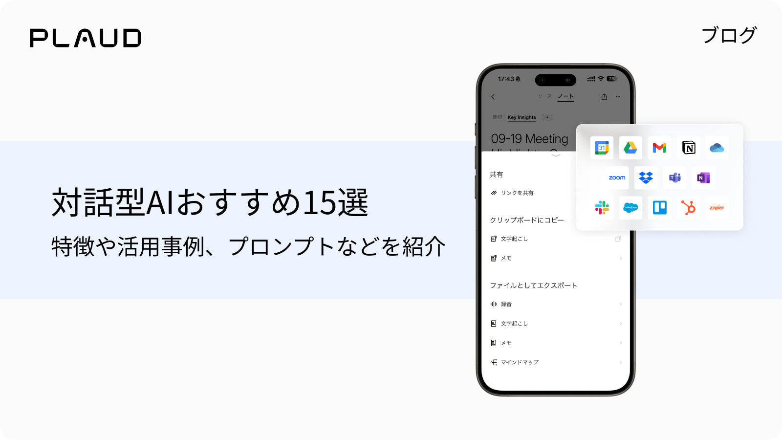 対話型AIおすすめ15選を紹介するブログ記事。Plaud Appの画面と連携アプリのアイコン。
