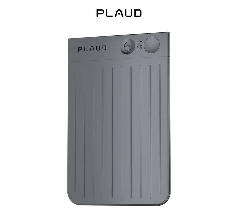 垂直のストライプ模様が施されたグレーのPlaud Note Pro。