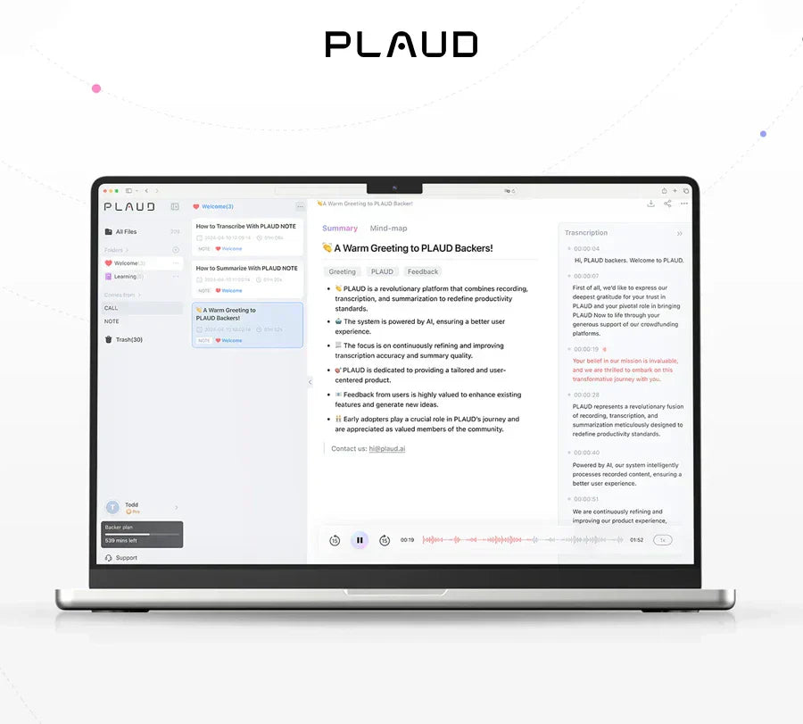Plaud Webの操作画面。AIによる文字起こしと要約結果の表示。