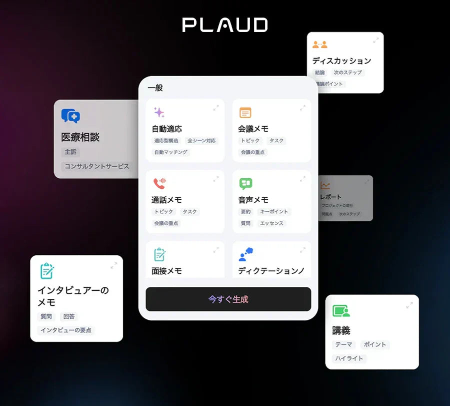 会議、通話、講義など多様なシーンに対応するPlaud Appの要約テンプレート画面。