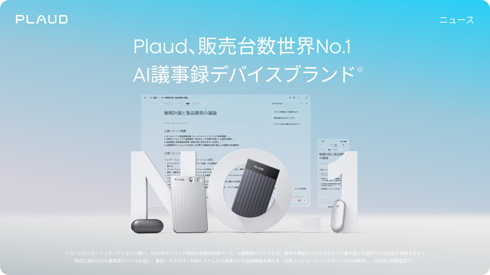 Plaudは販売台数世界No.1のAI議事録デバイスブランドです。