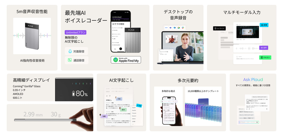 Plaud Note ProのAI文字起こし、要約、薄型設計などの主要機能の紹介