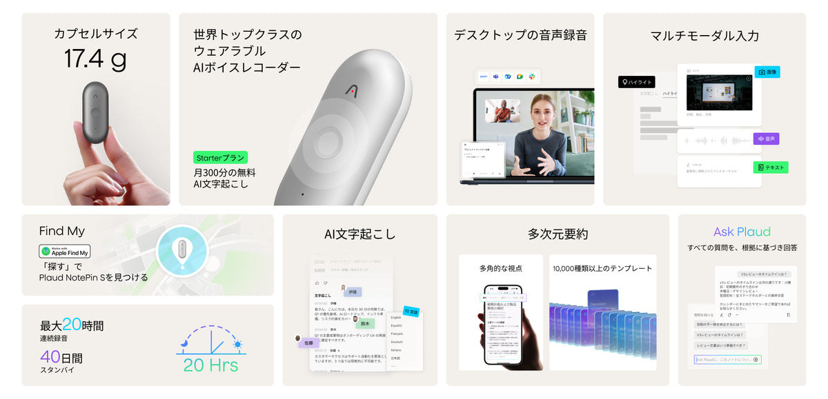 Plaud NotePin Sの特長：17.4gの軽量設計、AI文字起こし、要約機能、最大20時間の連続録音、Find