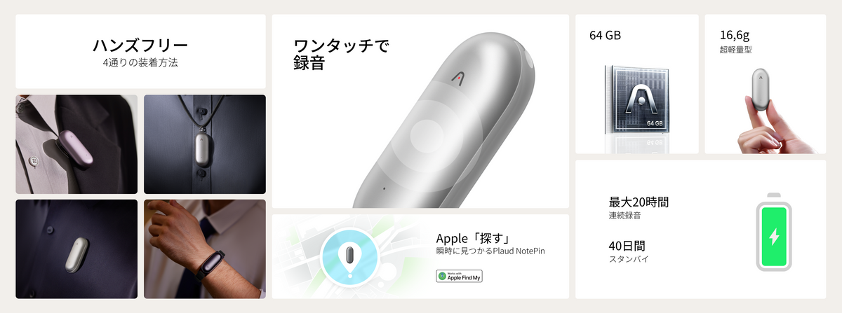 Plaud NotePinの特長：4通りの装着、ワンタッチ録音、Apple探す対応、軽量16.6g、最大20時間録音。