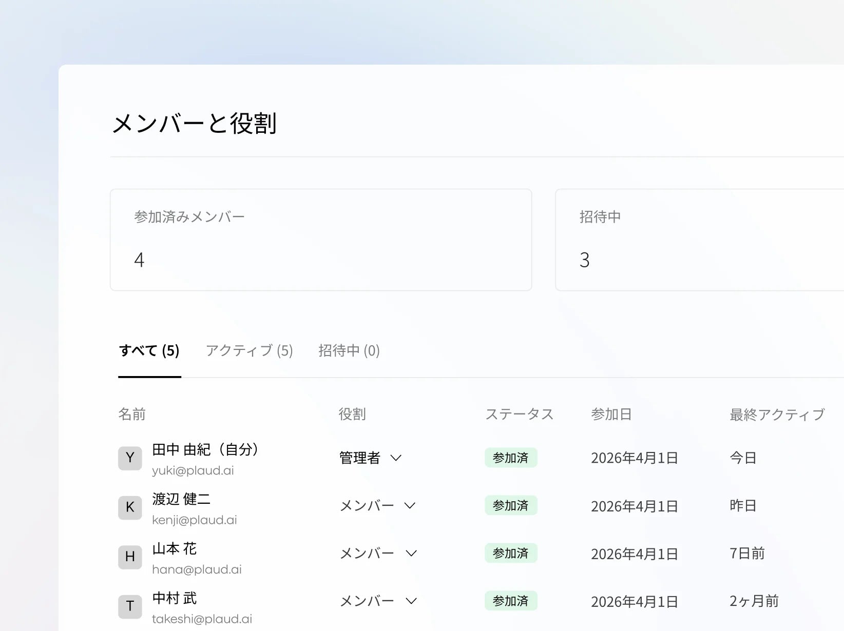 Plaud Webのメンバーと役割管理画面。チームメンバーの役割やステータスを一覧で表示。